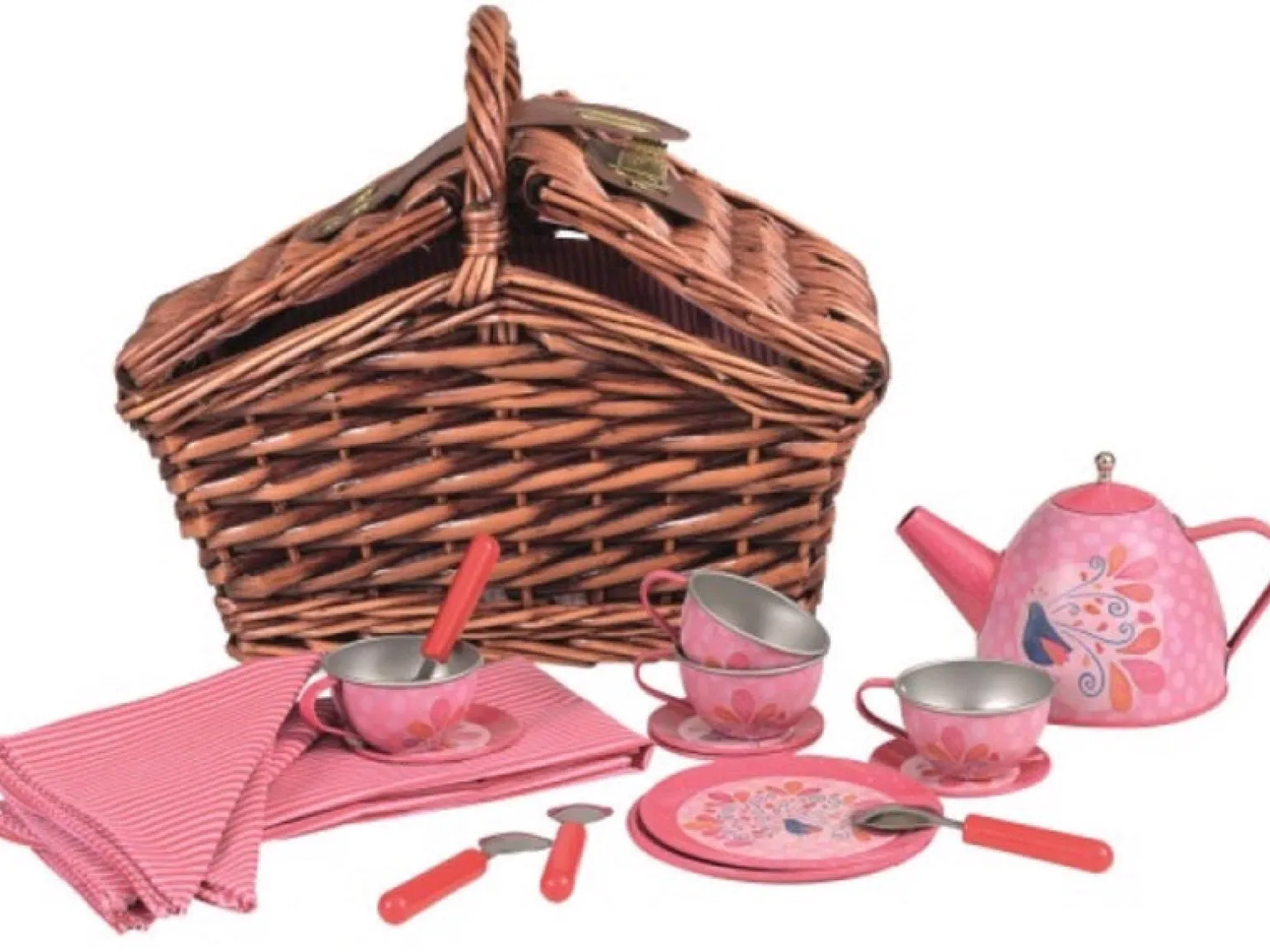 Egmont Toys - Tin Tea Set In Wicker Basket, Peacock Design
