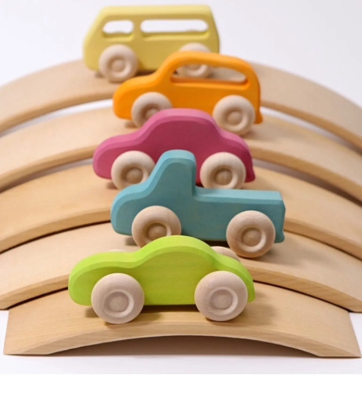 Grimms -5 Wooden Slimline Cars In Multi Colour Print